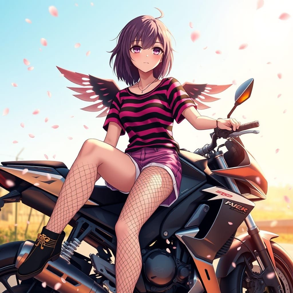 Rebellious Emo Girl on Motorcycle with Wings