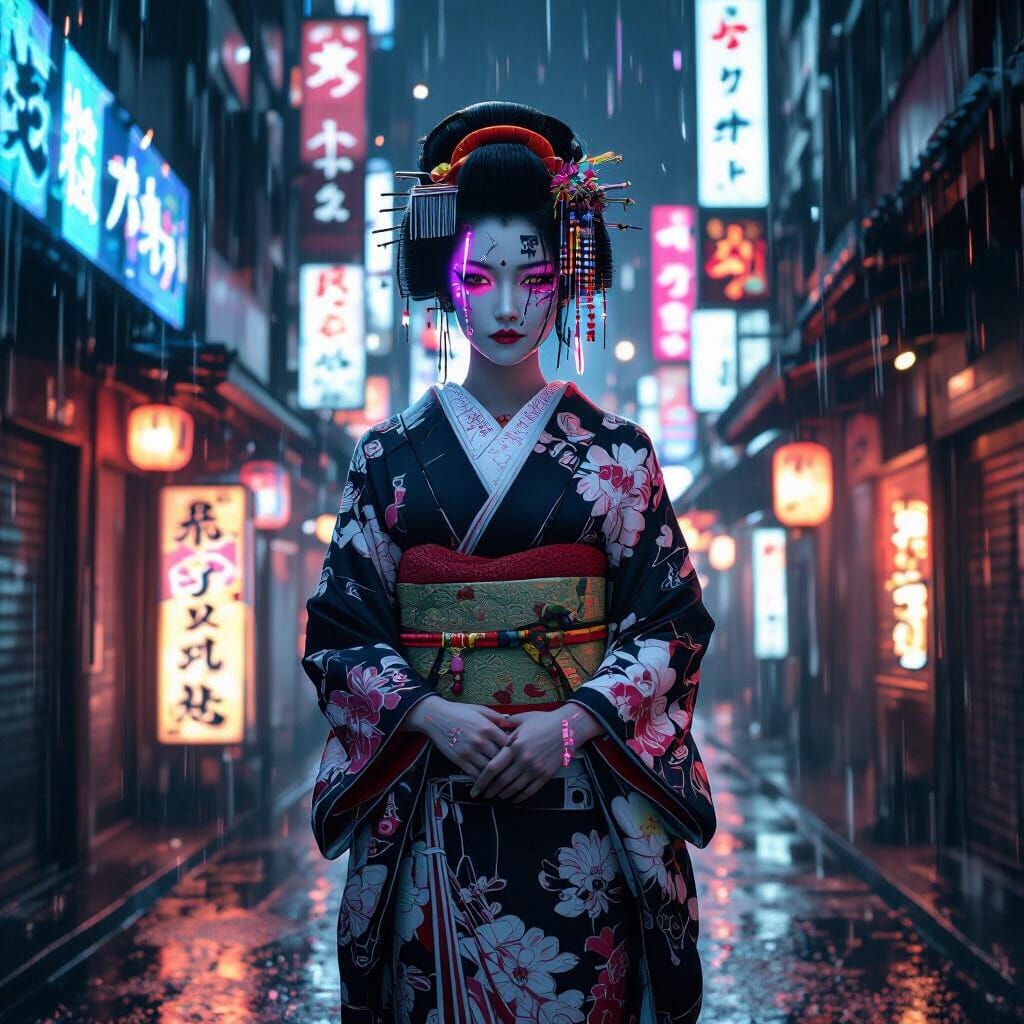 Cyberpunk Geisha in Rain-Slicked Tokyo Alleyway