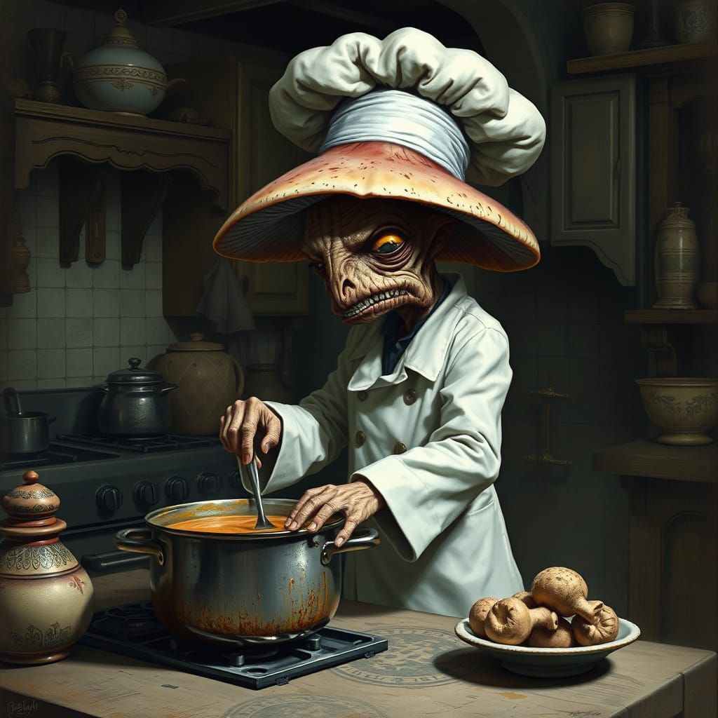 Surreal Mushroom Chef Resents French Kitchen Task
