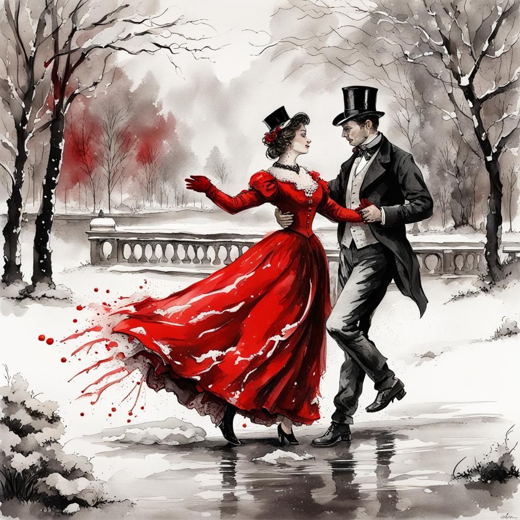 Victorian Couple Dancing in Winter, Ink Splash Art