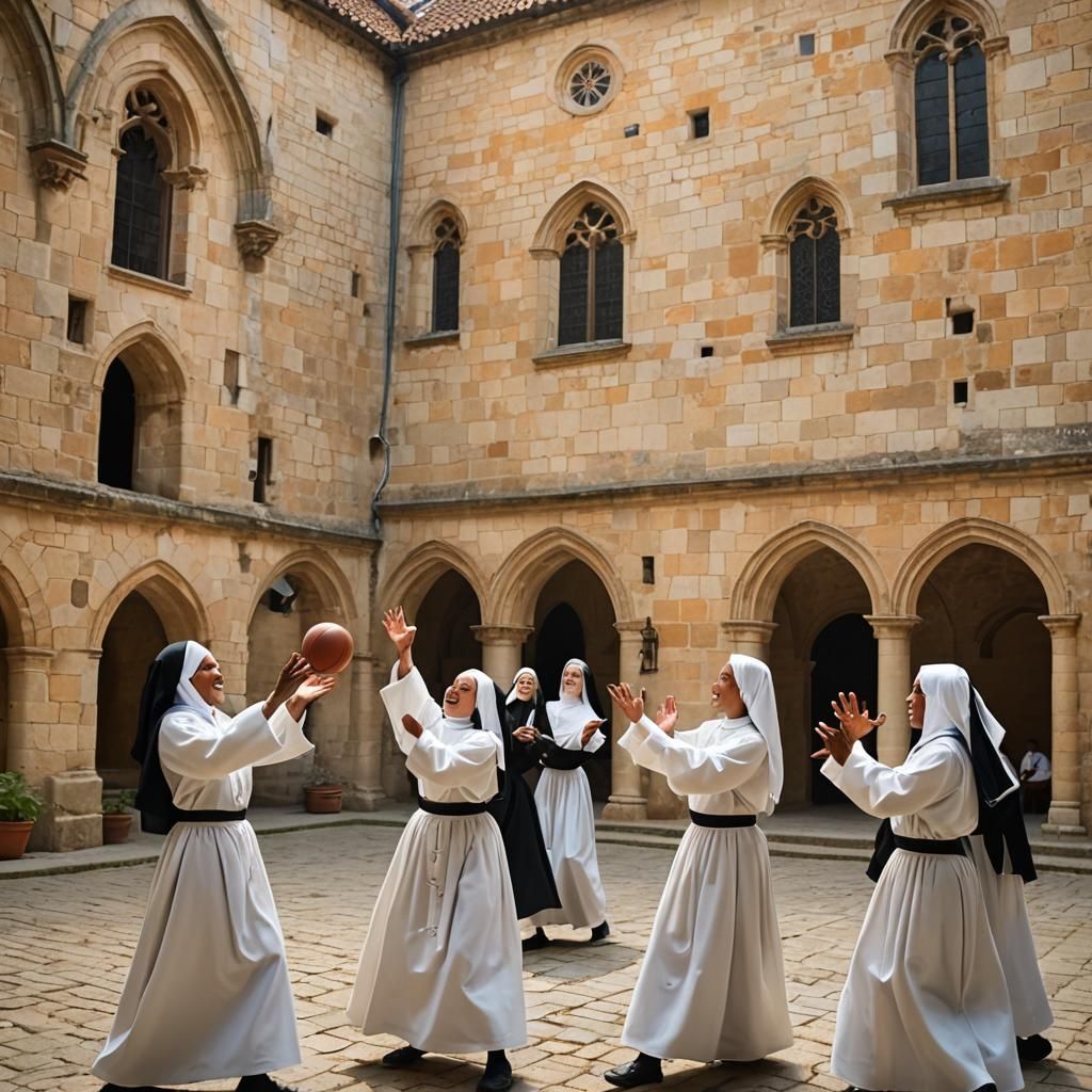 Nuns Playing Ball in Medieval Cloister