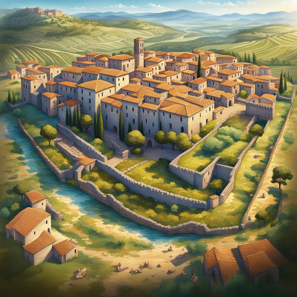 Ancient Roman Town in Italian Landscape: Hyperrealistic Rend...