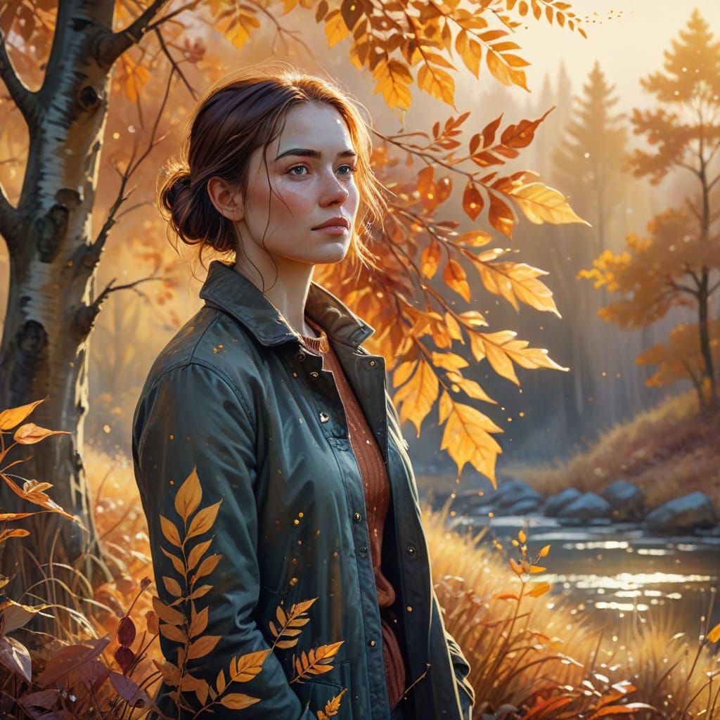 Woman in Autumn Landscape: Watercolor Gouache Style