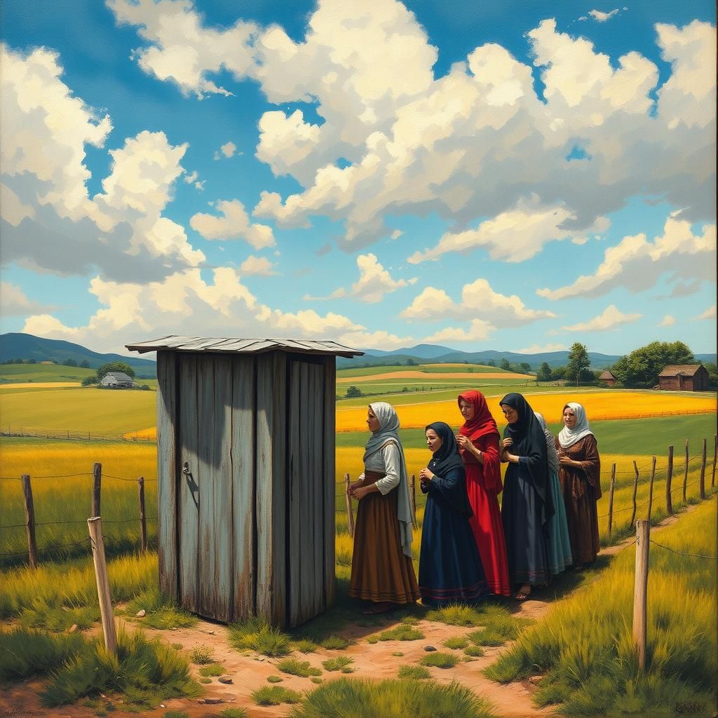 Rustic Outhouse Queue in American Regionalist Style