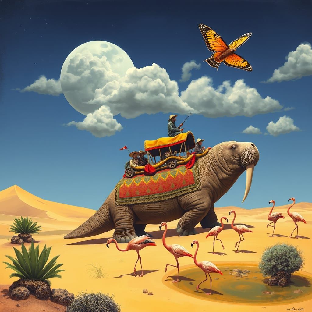 Surreal Desert Dreamscape with Gypsy Caravan on Walrus and F...