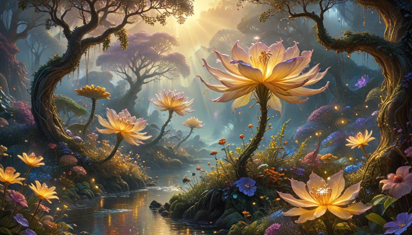 Vibrant Alien Flora in Dreamlike Landscape