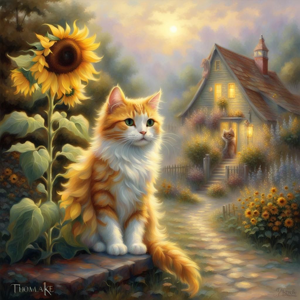 Ethereal Sunflower Cat in a Fantasy Landscape