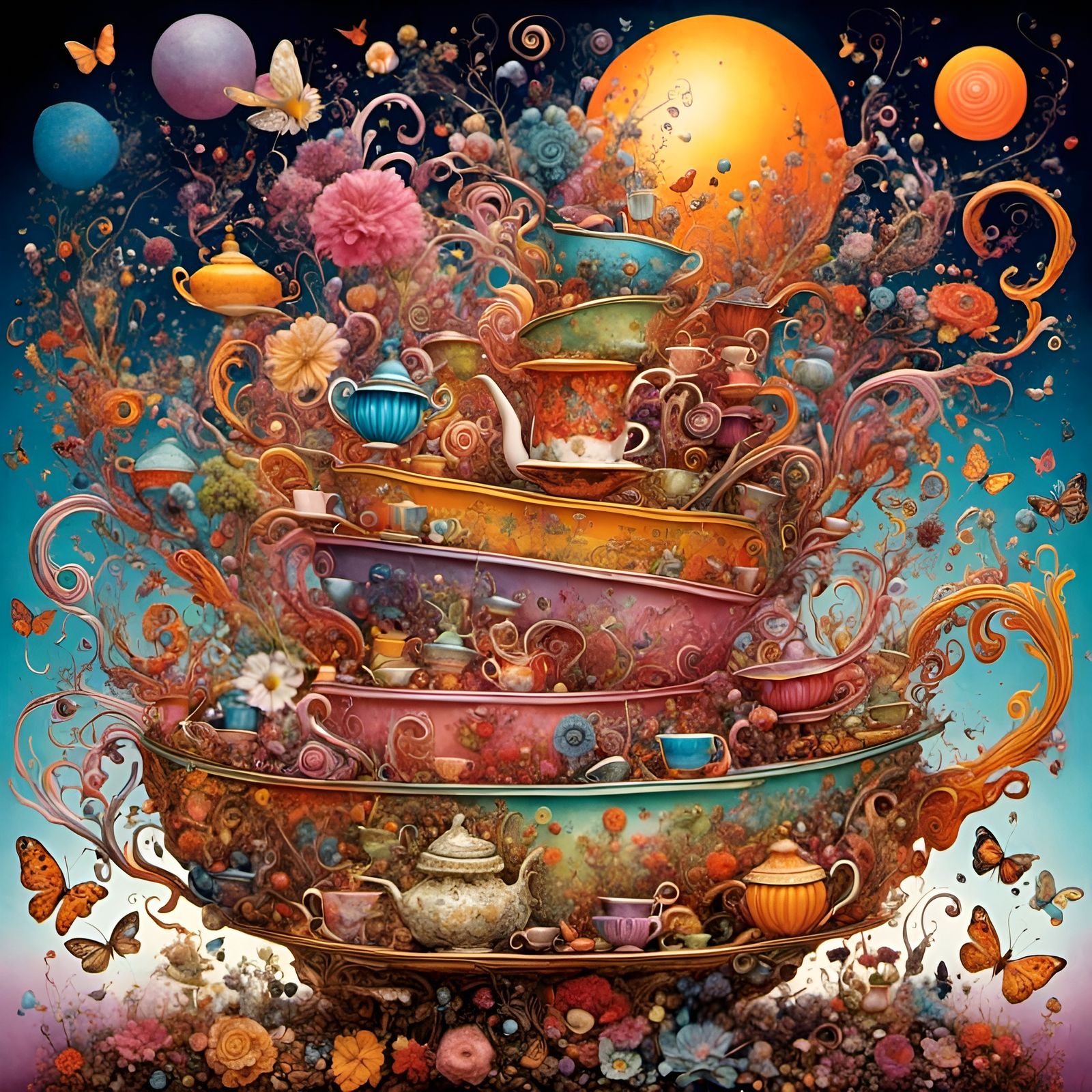 Colorful Tea Fantasy in Mixed Media Collage