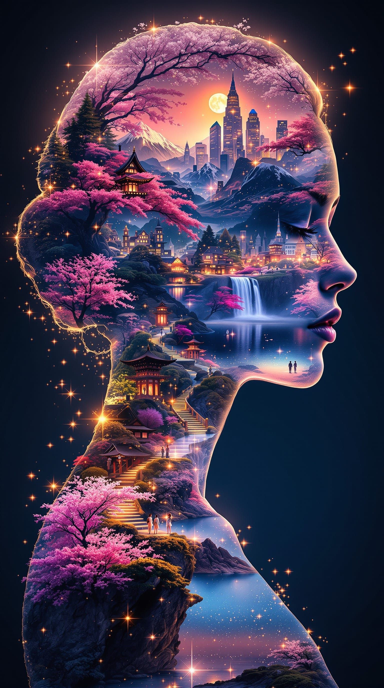 Surreal Dreamscape: Woman and Futuristic Cityscape