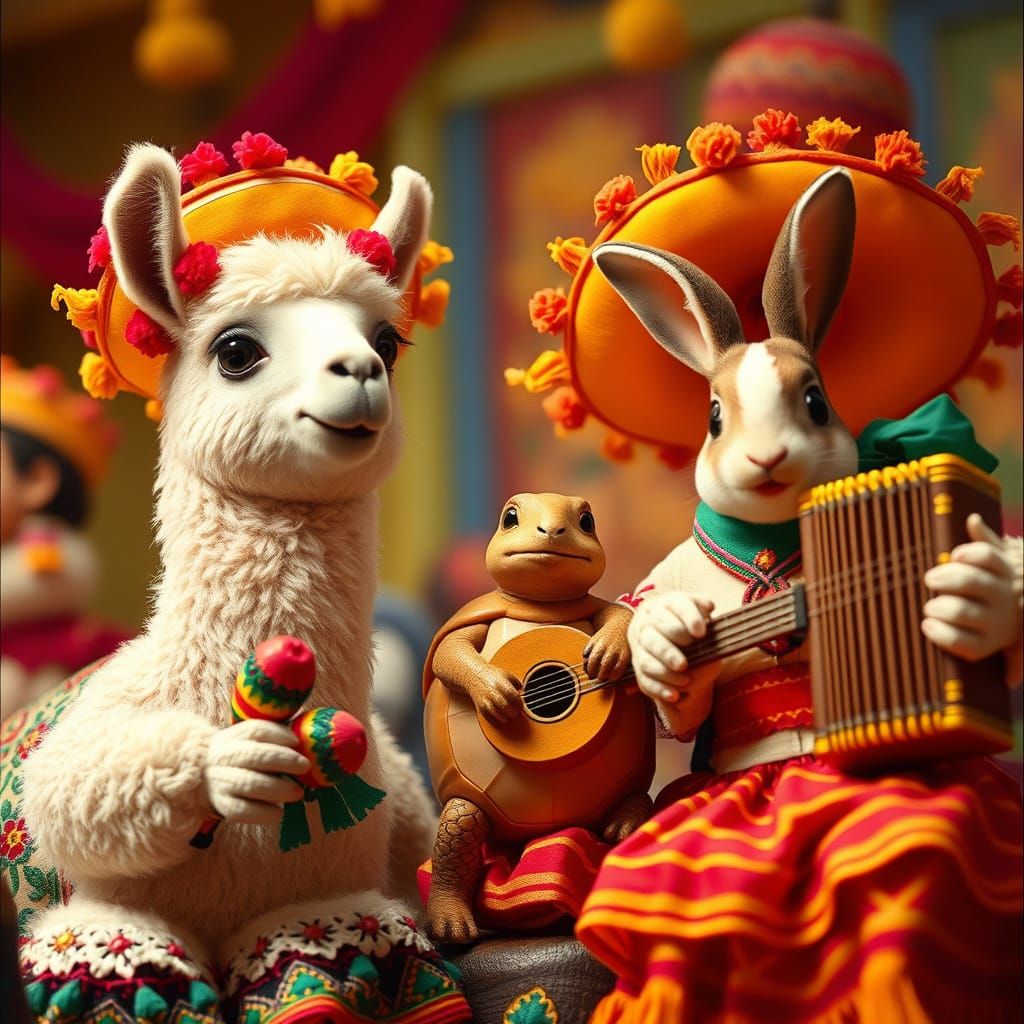 Festive Llama, Tortoise, and Rabbit in Mexican Fiesta
