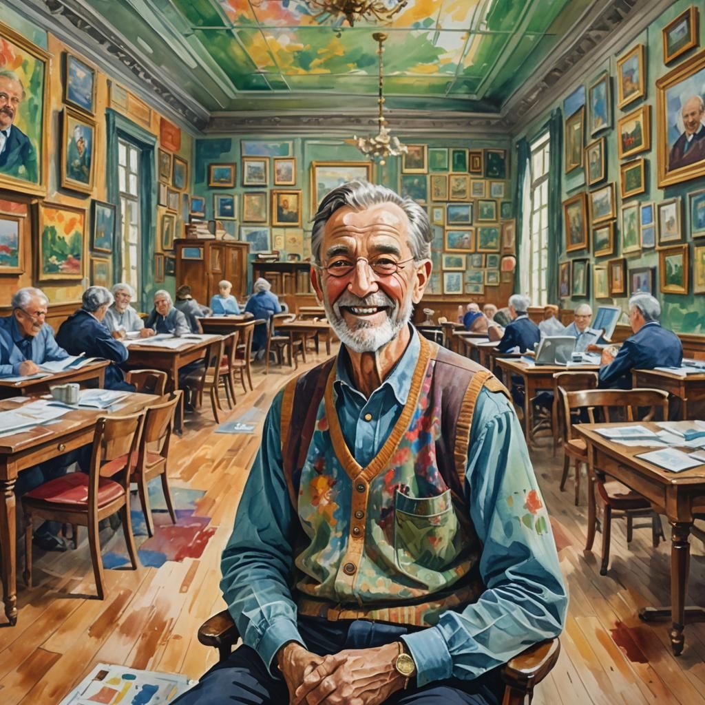 Happy Man in Study Room: Gouache Impressionist Painting