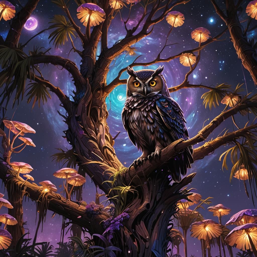 Owl and Cosmic Mushrooms in Dark Fantasy Style