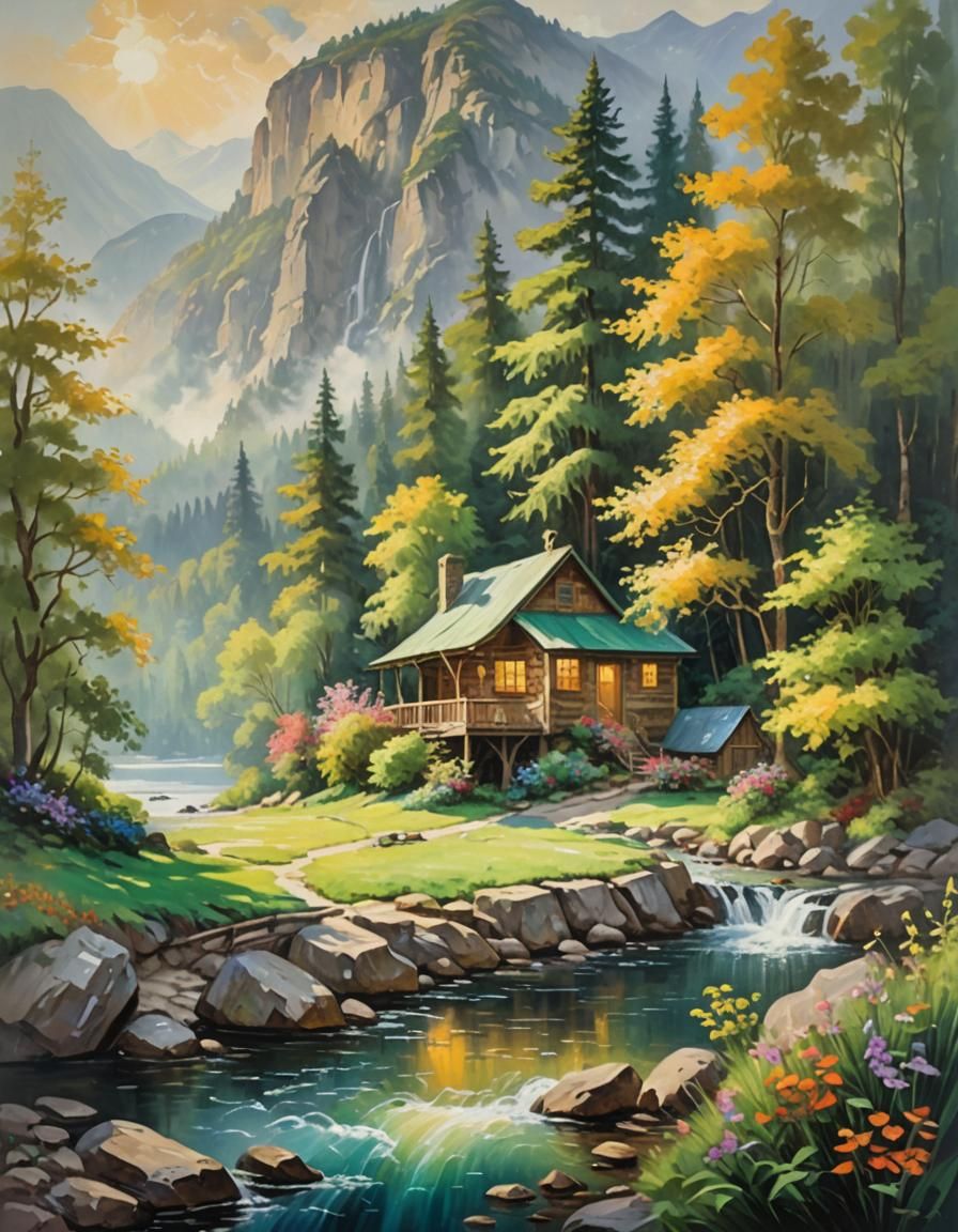 Sunny Cabin Landscape as Impasto Oil Painting