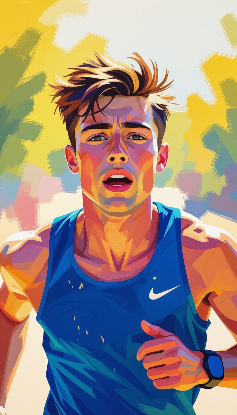 Young Runner in Gouache Style with Impasto Textures