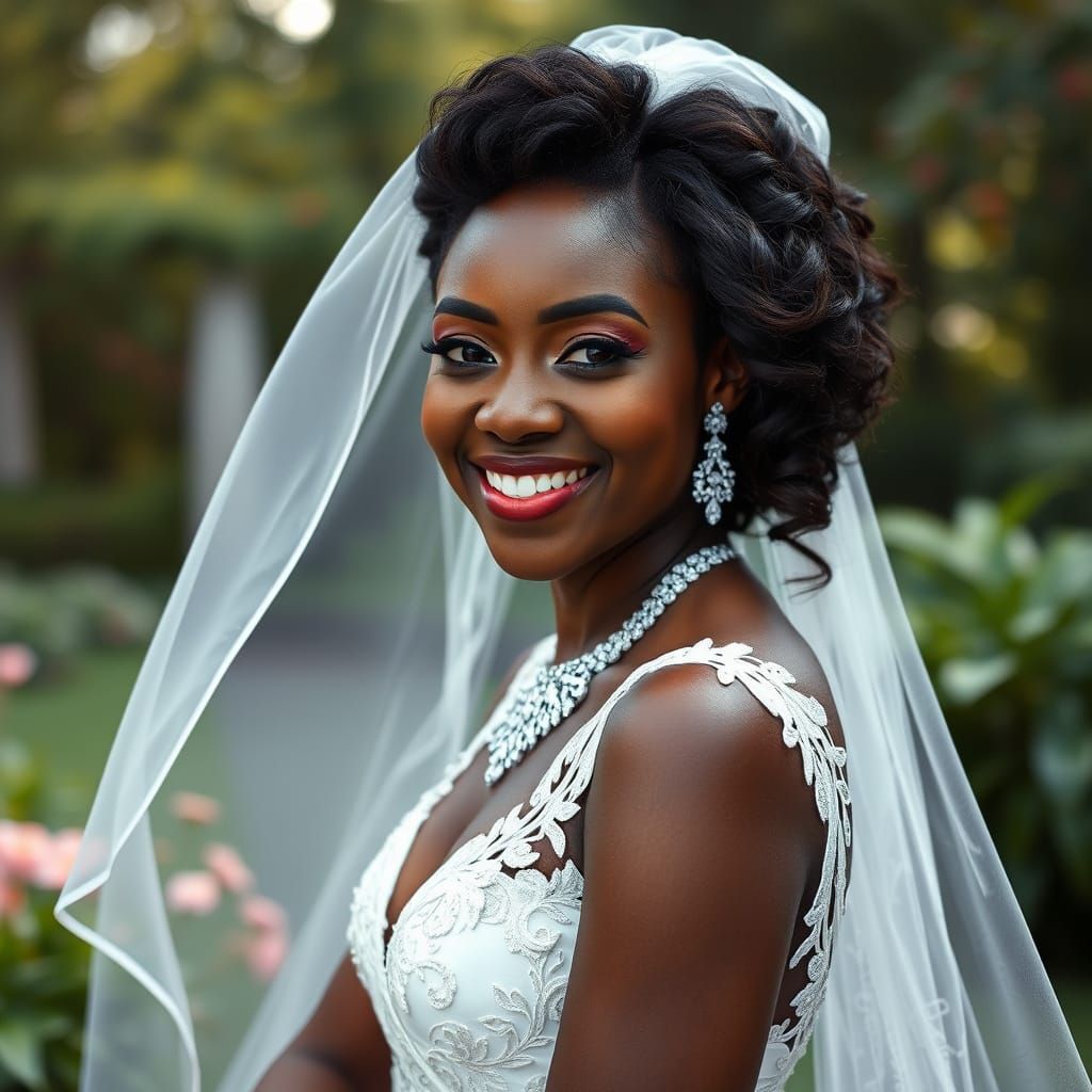 Elegant Dark Skinned Bride in Lush Garden