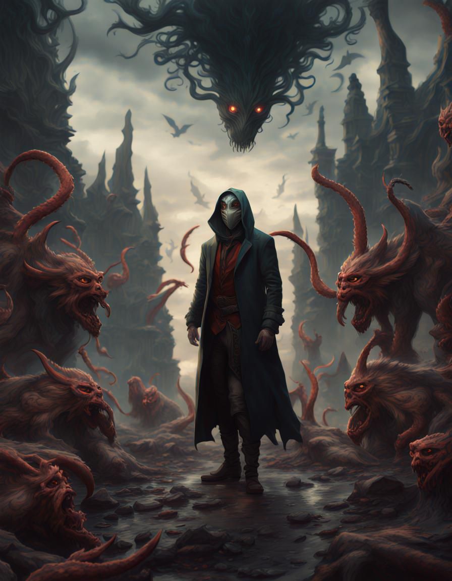 Masked Man Embraces Demons in Detailed Matte Painting
