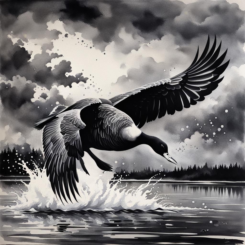 Wild Goose on Stormy Lake in Fantastic Realism