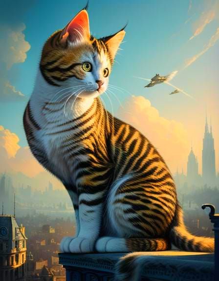 Giant Kitten Over Miniature Street: Digital Matte Painting