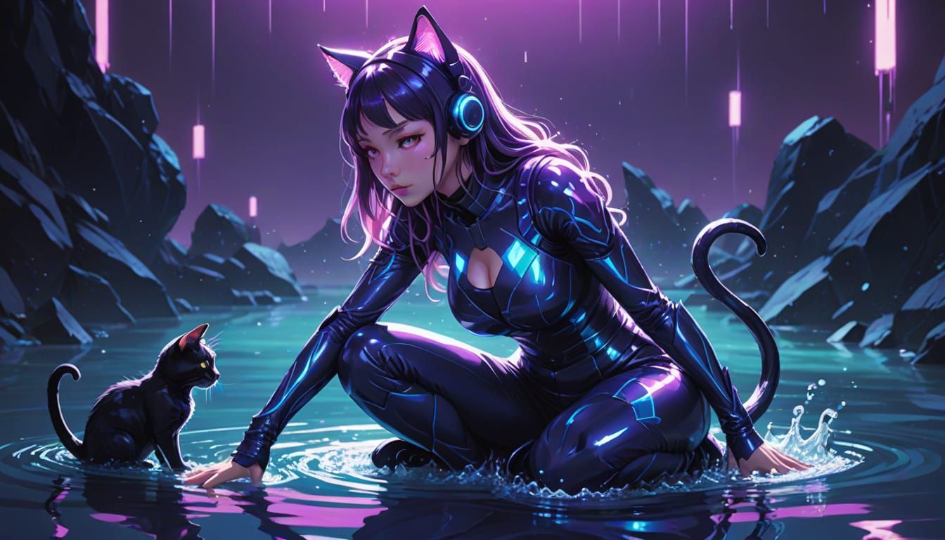 Anime Woman with Cat Ears in Reflective Catsuit