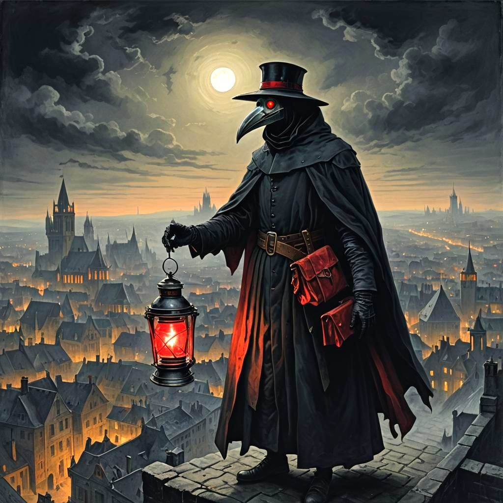 Plague Doctor Overlooking City at Night