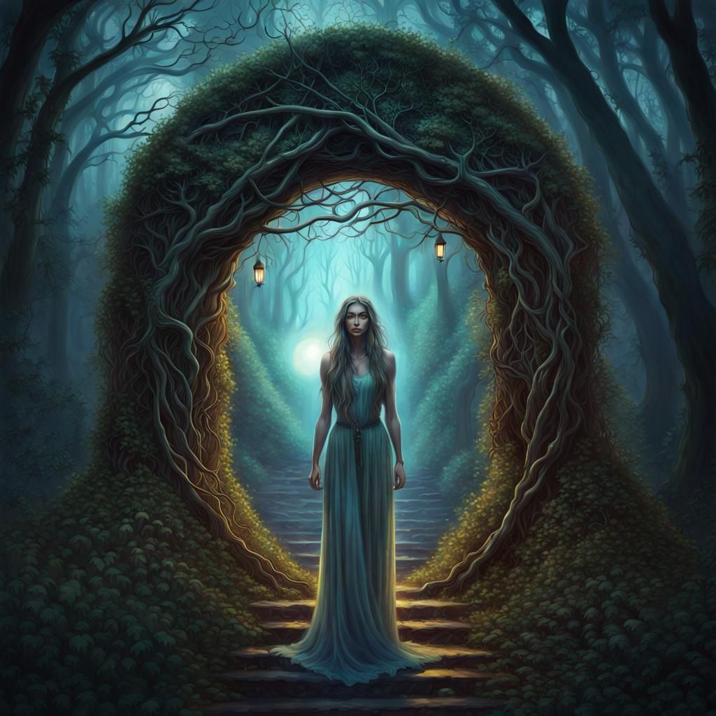 Ethereal Woman Guarding Shimmering Midnight Portal