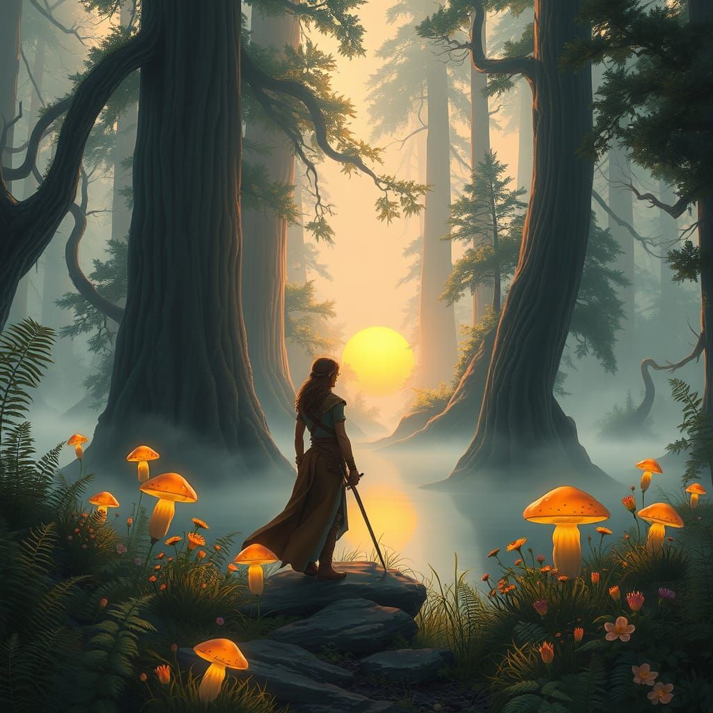 Heroic Figure Emerges in a Whimsical Forest Landscape