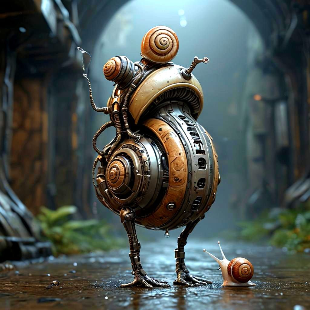 Cyborg Snail Humanoid Reaching for a Drop