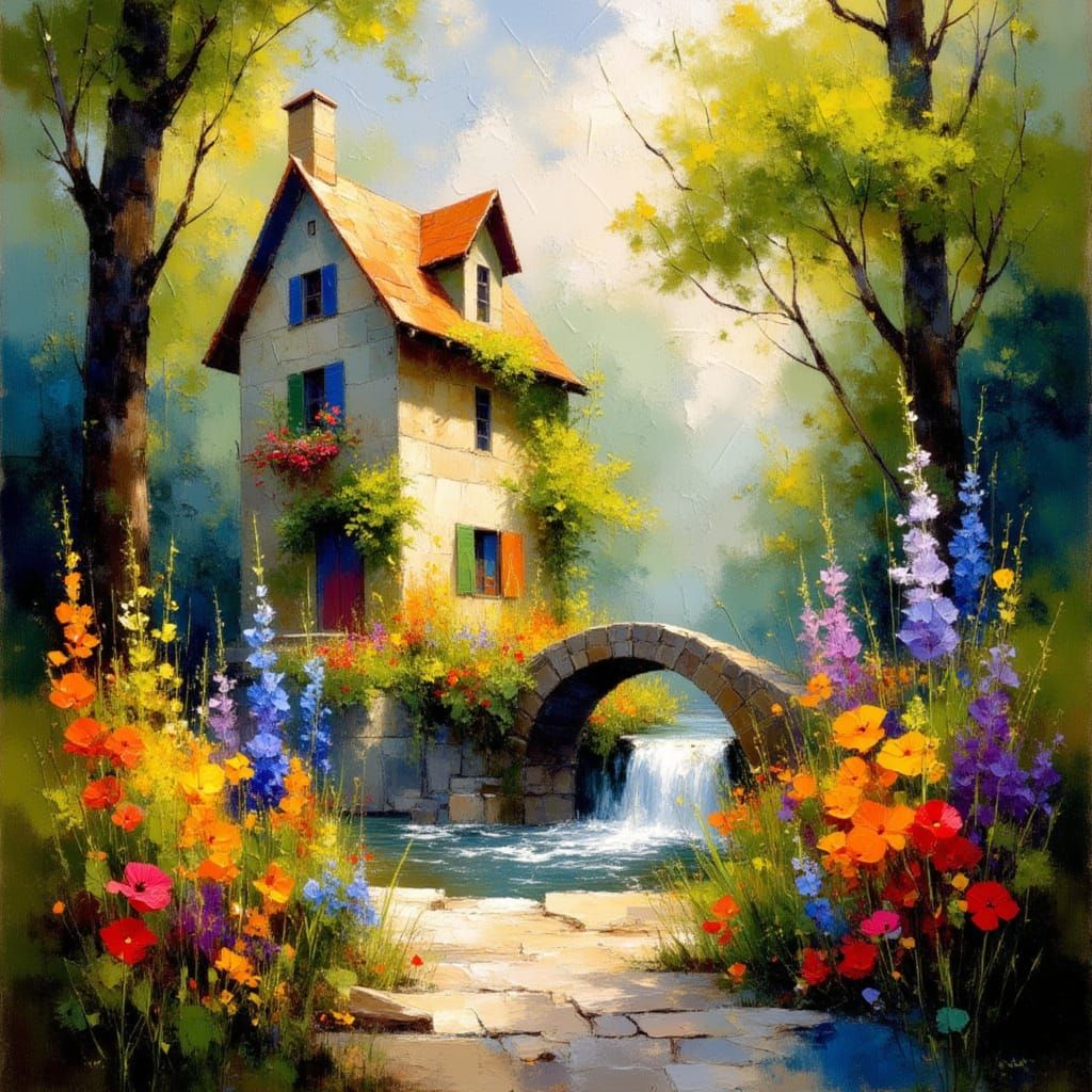 Impressionist Tropical Forest with Charming Medieval Stone H...