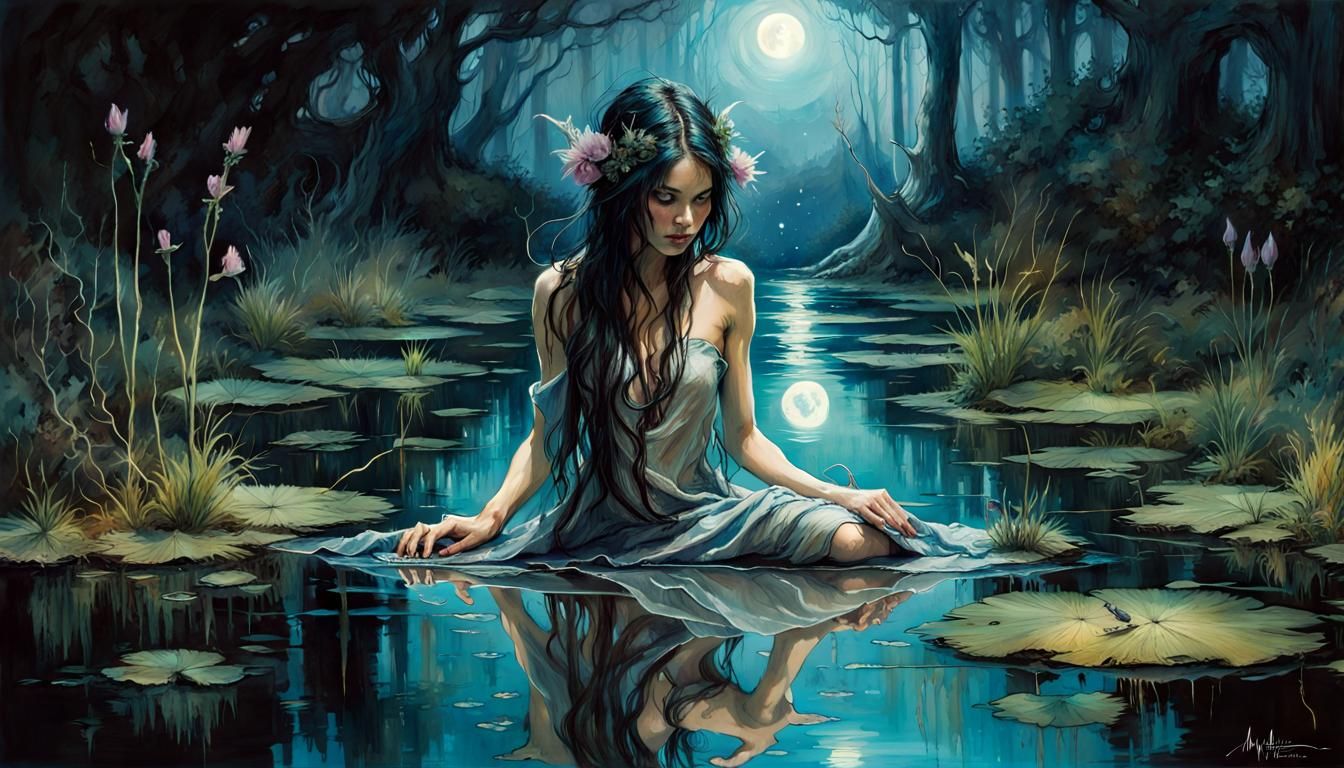 Bioluminescent Goddess Lilith Reflection in Dark Fantasy Sty...