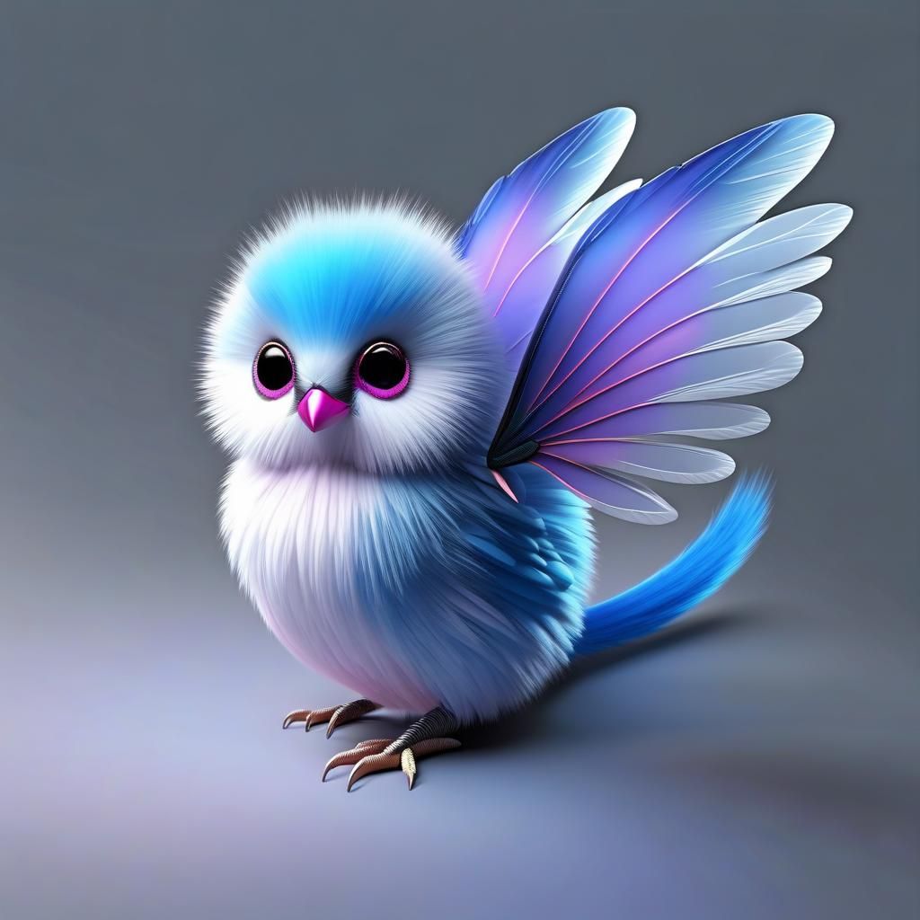 Hyperreal Fluffy Blue Puff-Ball Creature with Wings