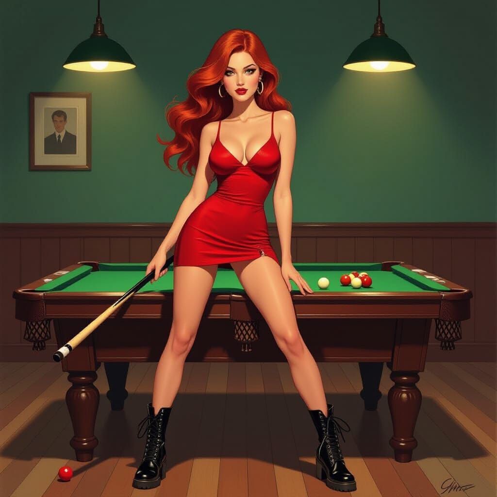Red-Haired Woman with Pool Cue in Dimly Lit Hall