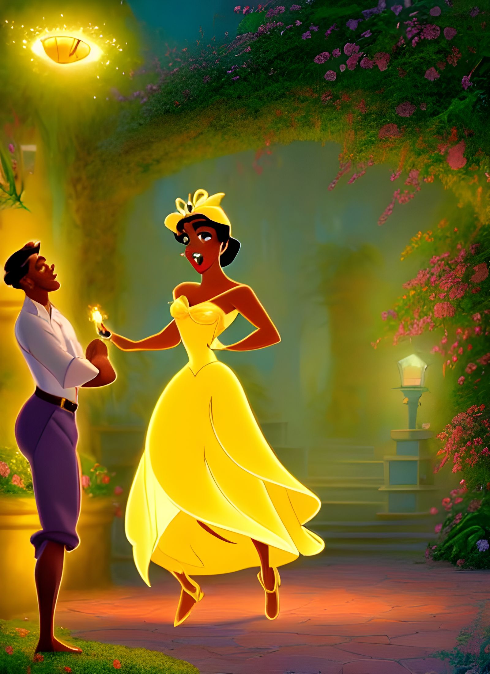 Tiana and Crystalline Firefly in Art Nouveau Style