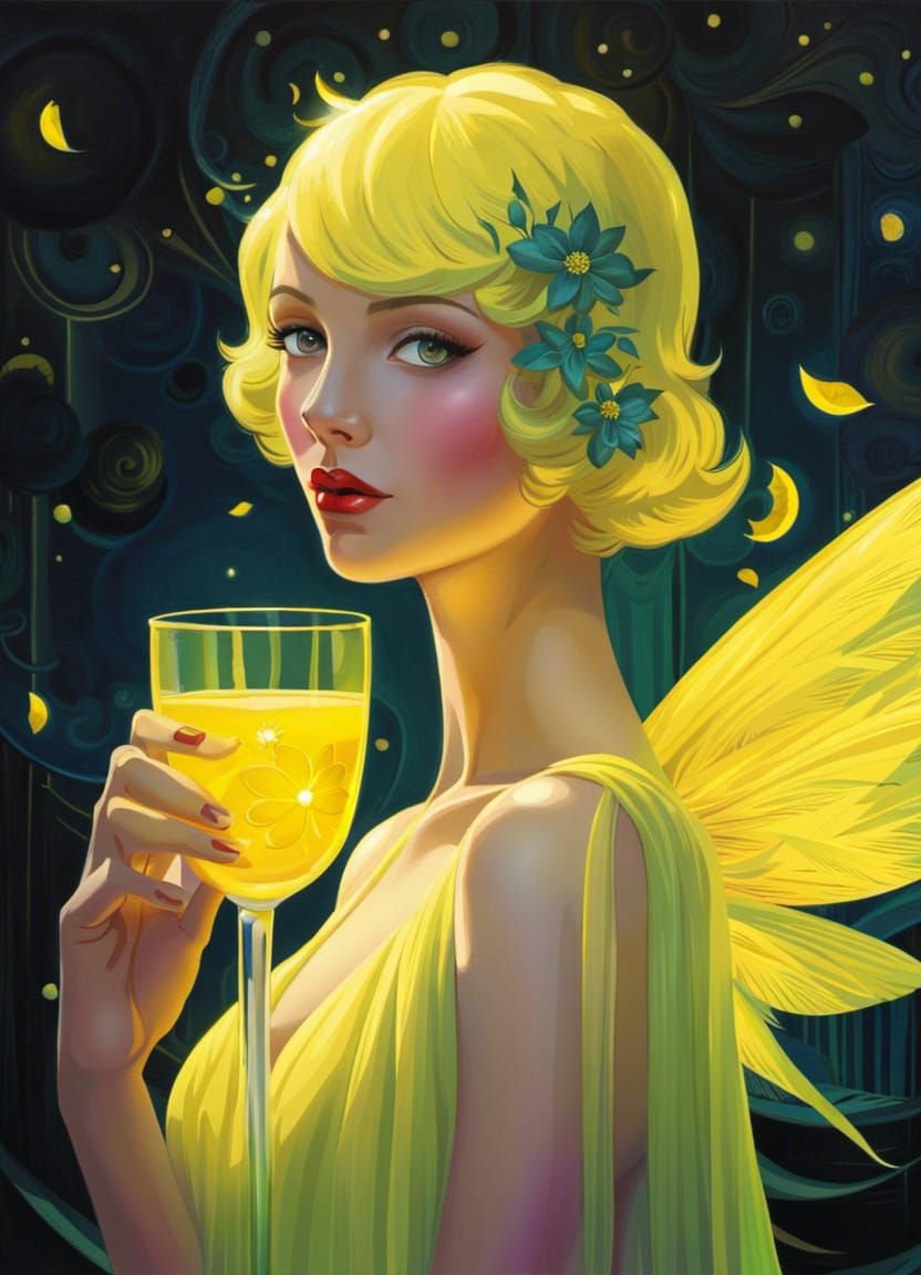 Neon Yellow Fairy Flapper in Art Deco Portrait