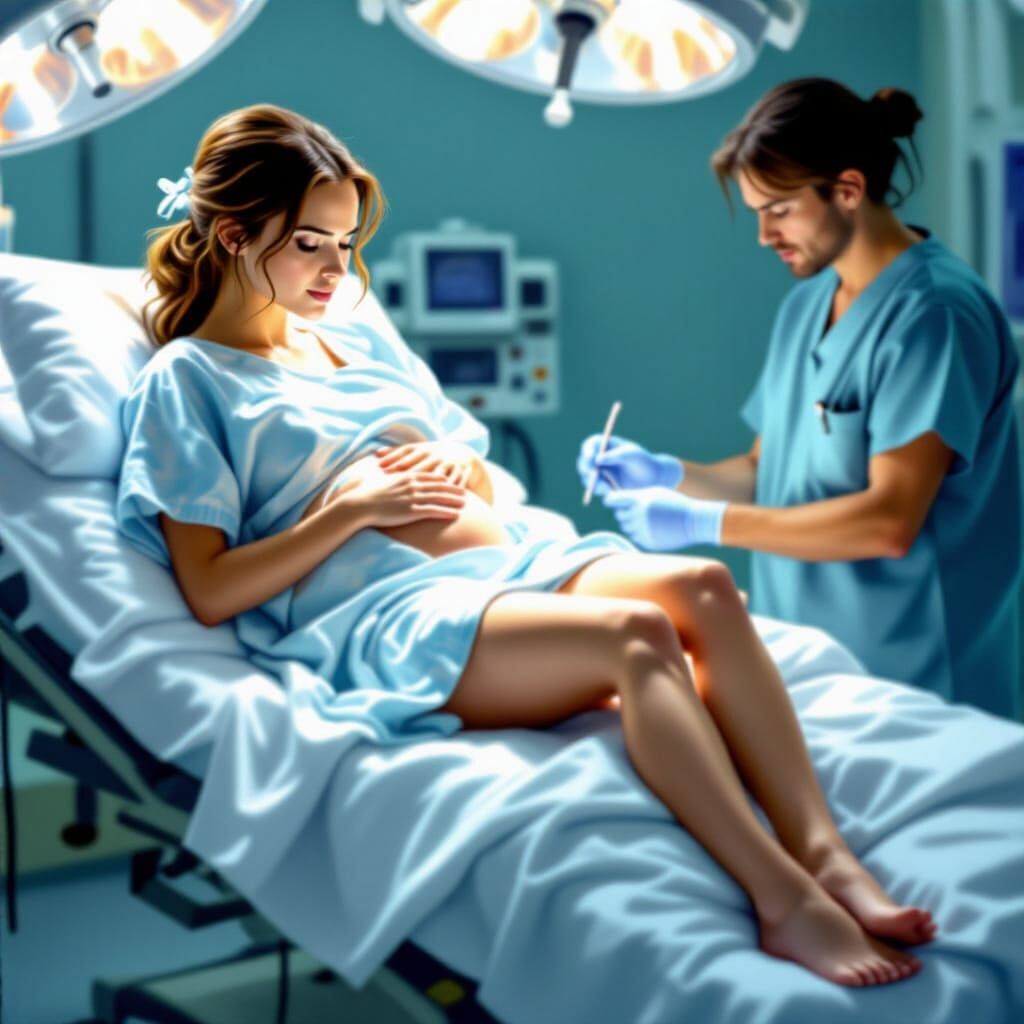 Pregnant Woman Exam in Operating Theatre: Photorealistic Sty...