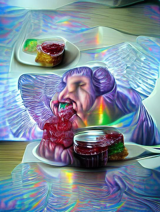 Evil Angel Eating Jelly in Hyperrealistic Style