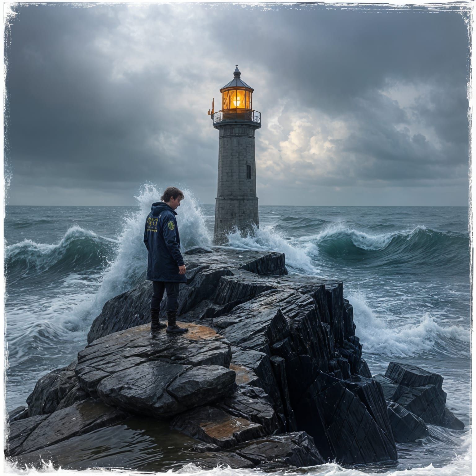 Lighthouse Keeper During King Tide, Dramatic Atmospheric Sty...