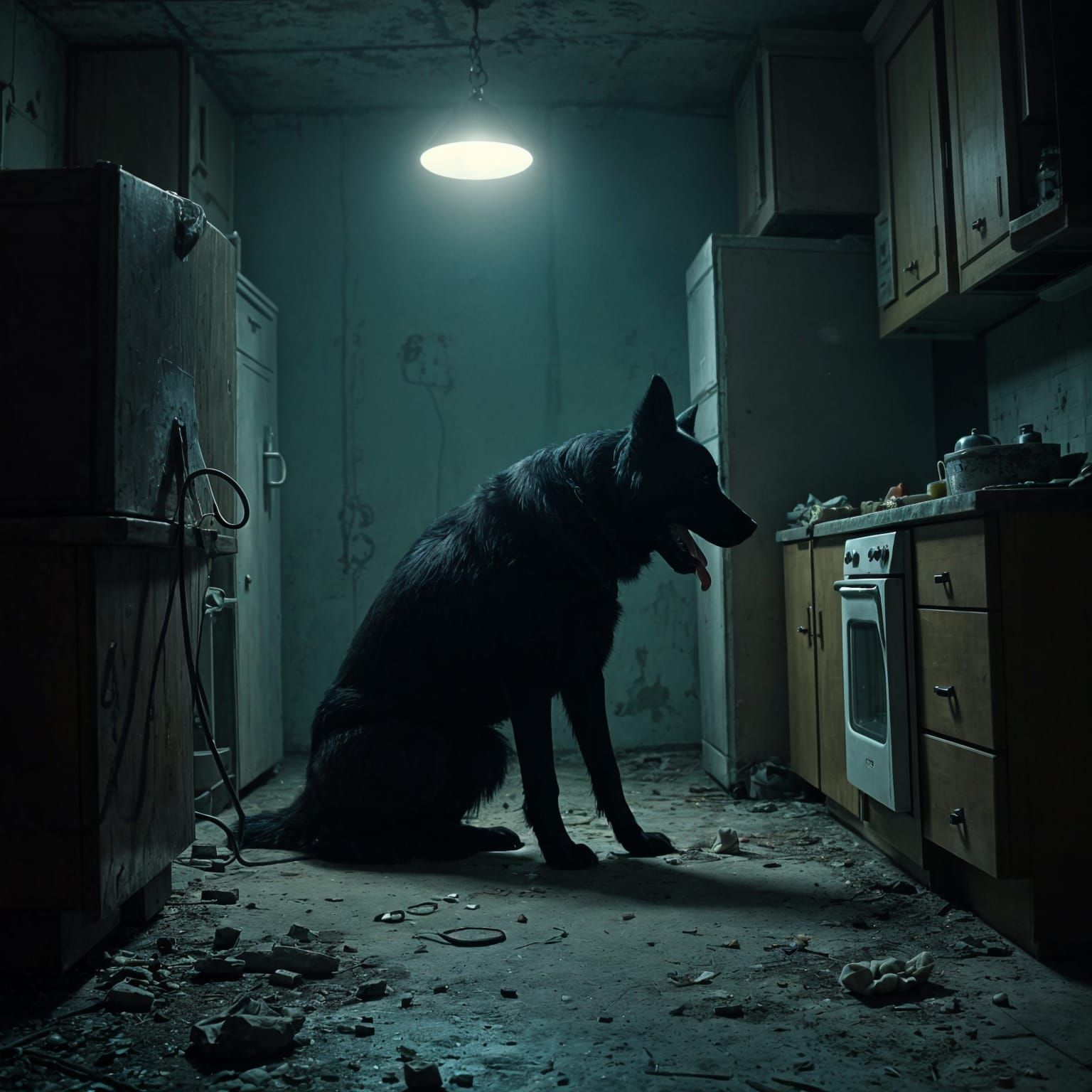 Giant Black Dog in Abandoned Kitchen