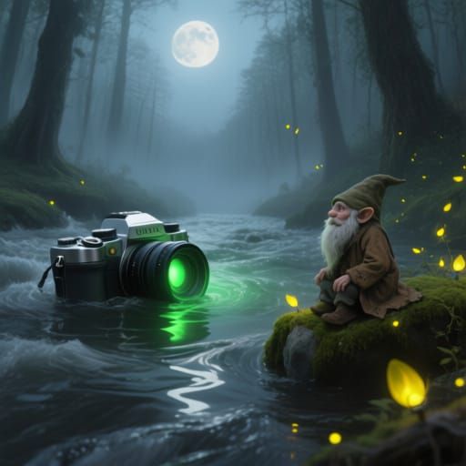Gnome Watches Floating Camera in Dreamlike Forest