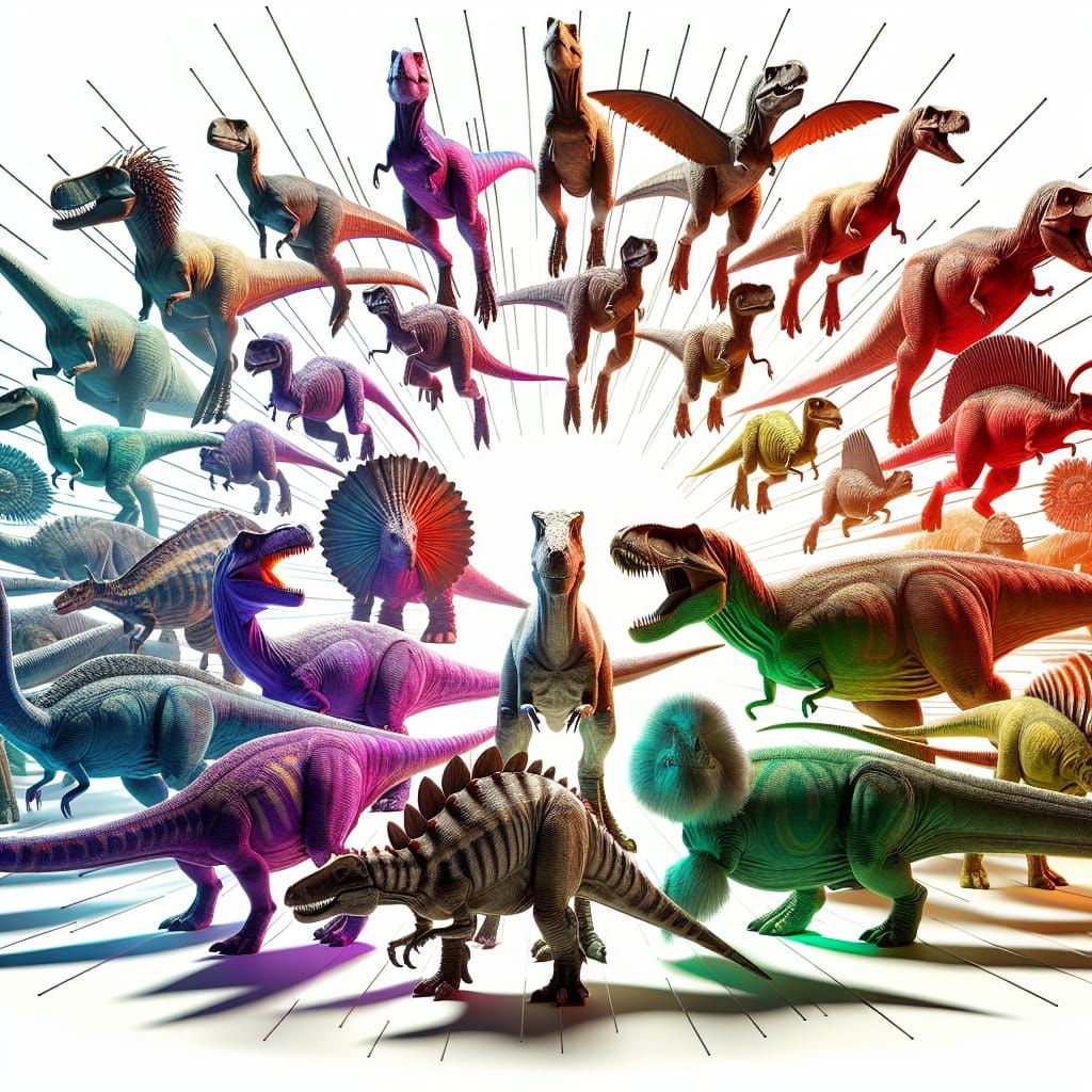 20 Famous Dinosaurs on White Background in 3D Digital Style