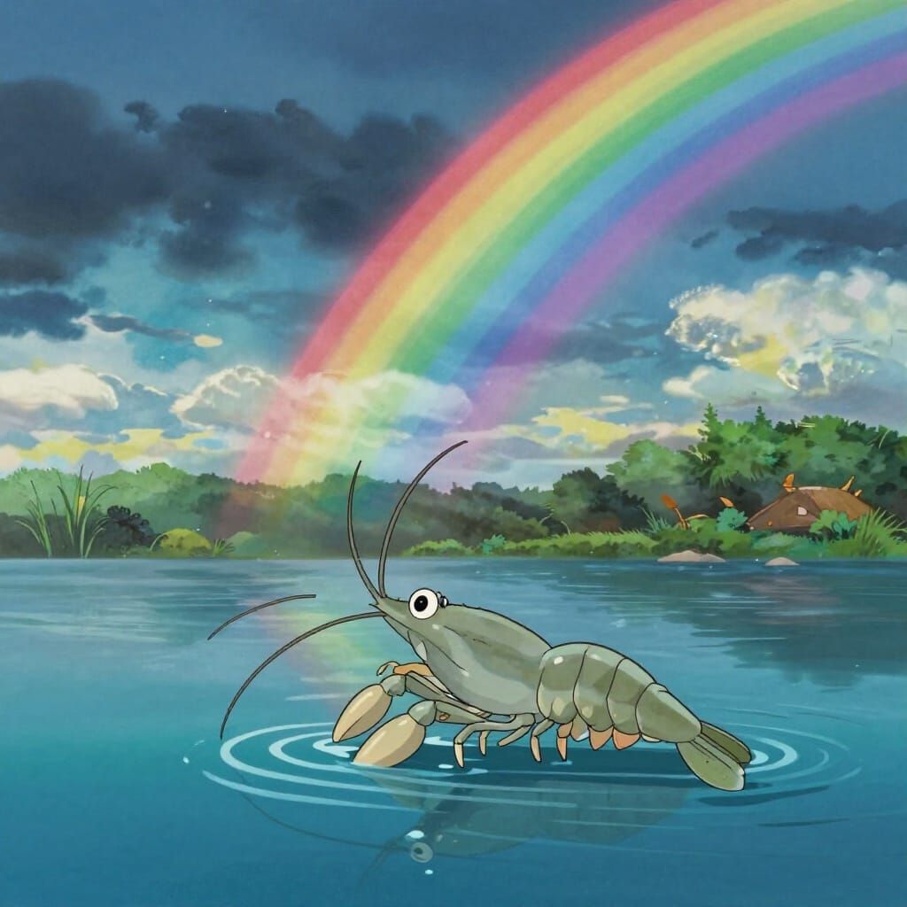 Cute Prawn Sees Rainbow After Storm in Anime Style