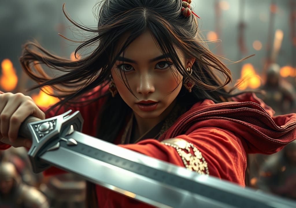 Determined Mulan on Battlefield in Matte Painting