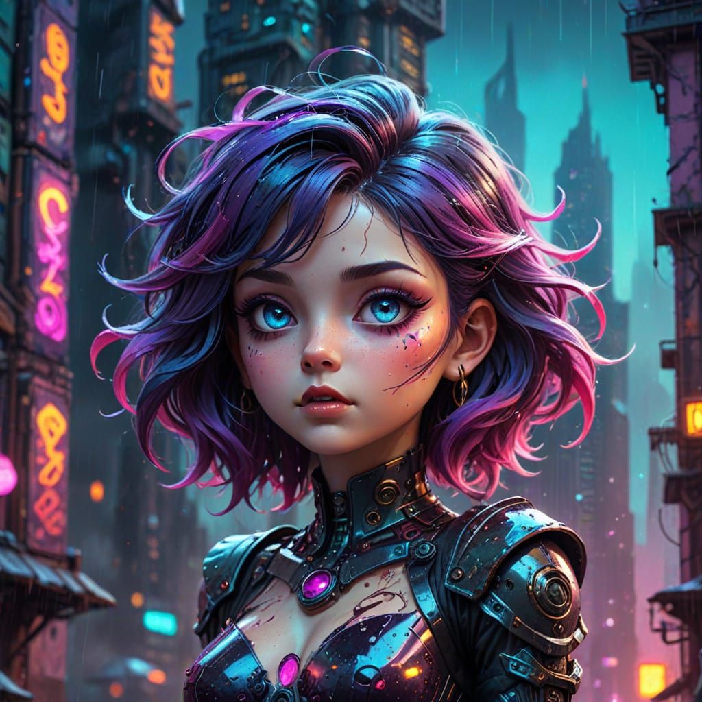 Chibi Detective in Neon Synthwave Cityscape at Night