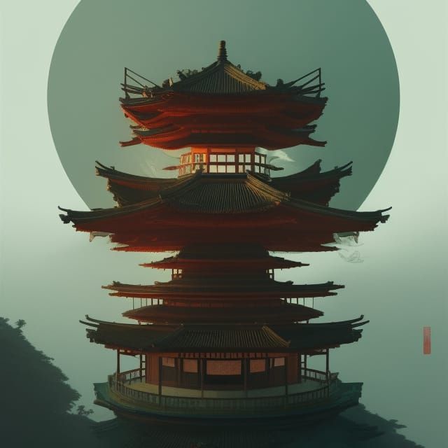 Pagoda House in Storm: Intricate Fantasy Art