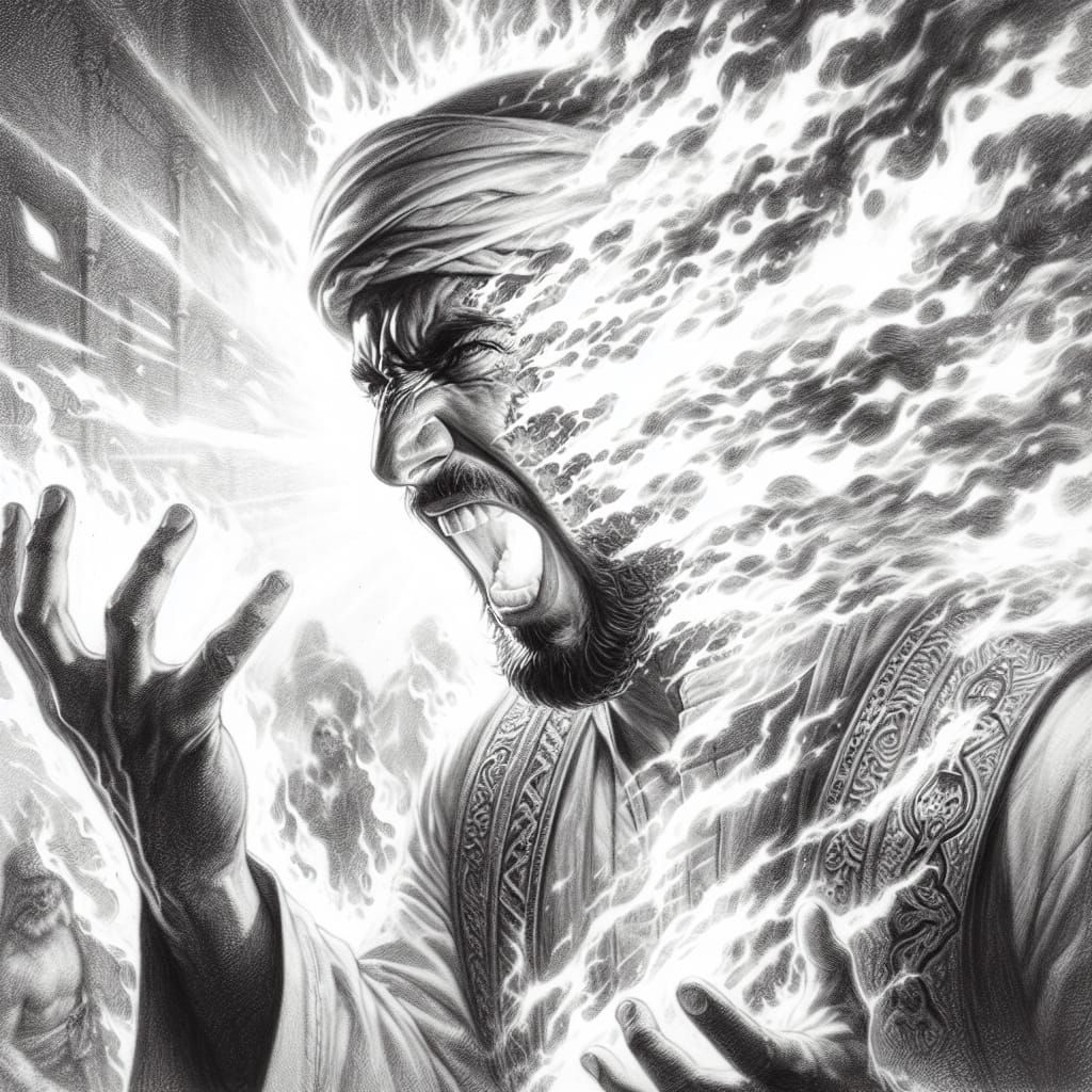 Monochromatic Pencil Sketch: Middle-Eastern Man in Blazing F...