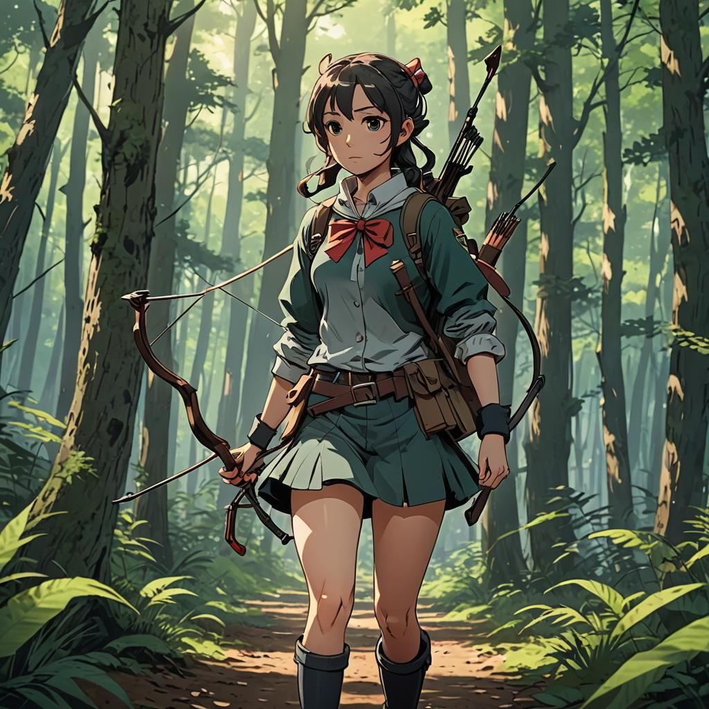 Anime Girl with Bow in Forest, Cel-Shaded Style