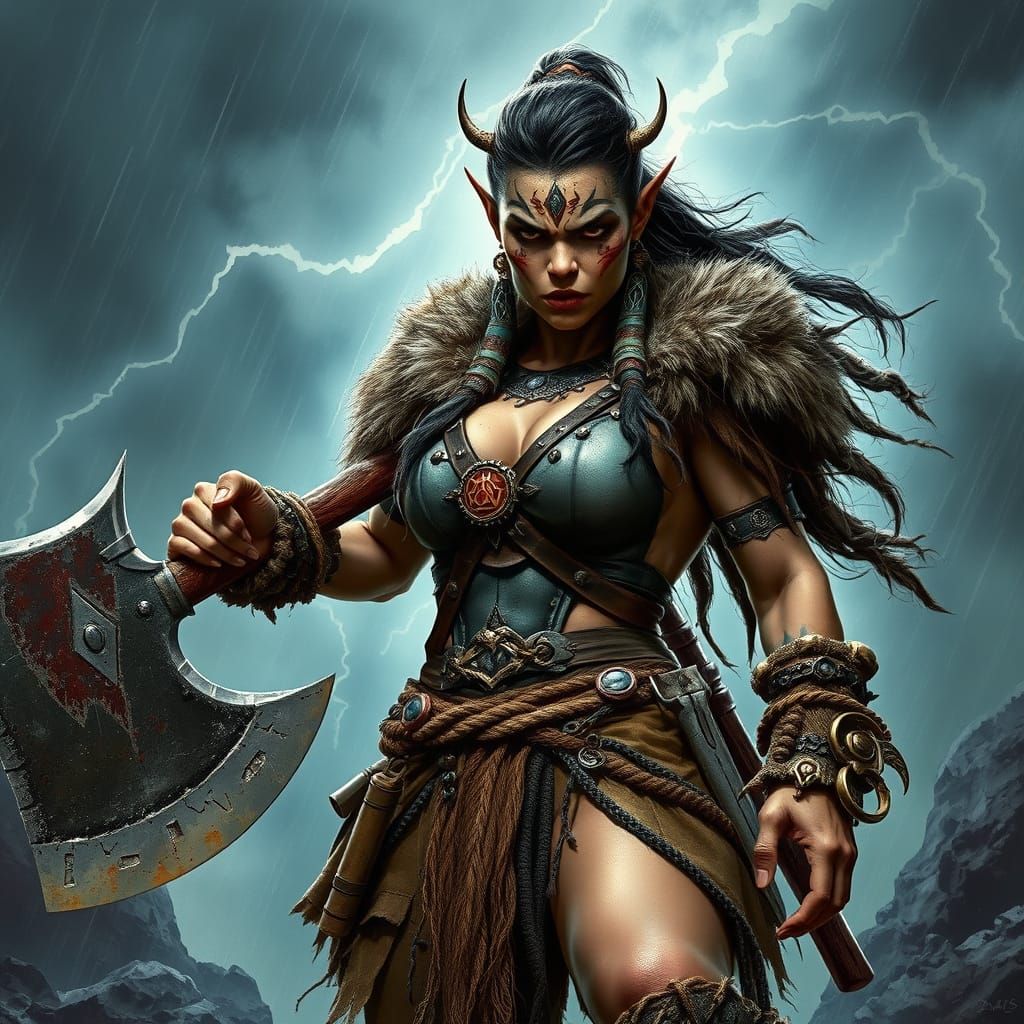 Fierce Orc Barbarian in Thunderstorm, Dark Fantasy Art