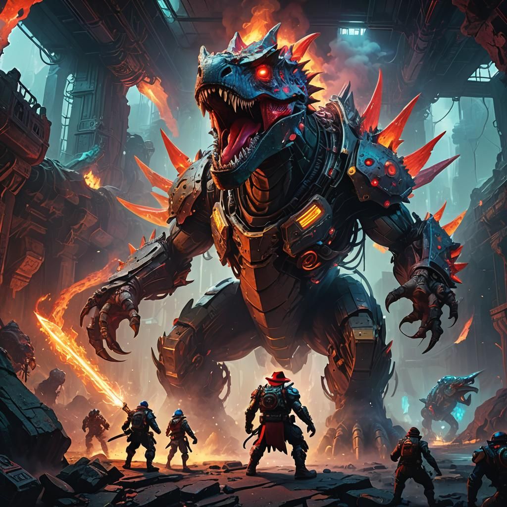 (a magnificent cyborg dinosaur consisting of gears (steampunk filter), which has 3 heads from an open mouth, it breathes...