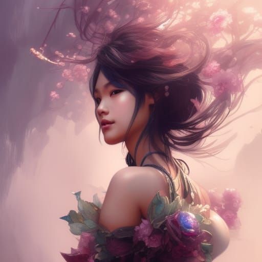 Beautiful Asian Fairy Portrait in Art Nouveau Style