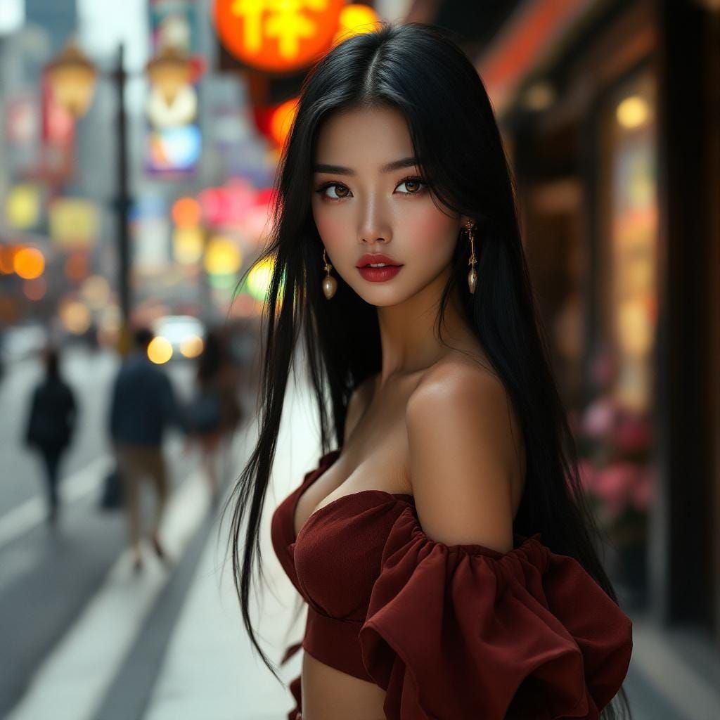 Elegant Asian Model Strolling Seoul Fashion Street