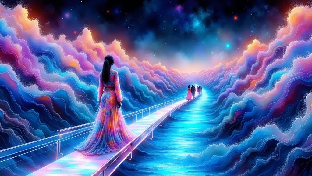 Futuristic Runway Suspended over Ocean of Liquid Light in Cy...